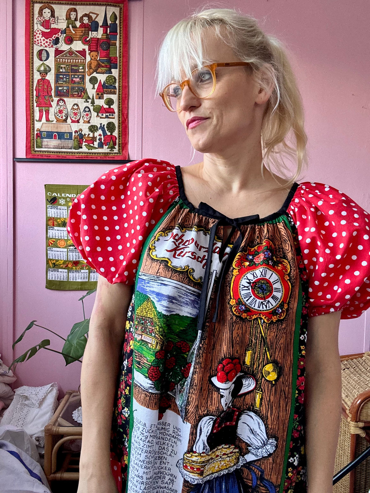 Vintage teatowel and polka dots short dress