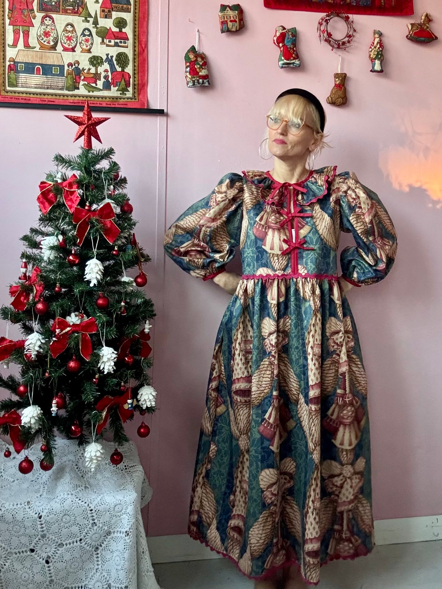 Christmas themed maxi dress with long sleeves and burgundy trims