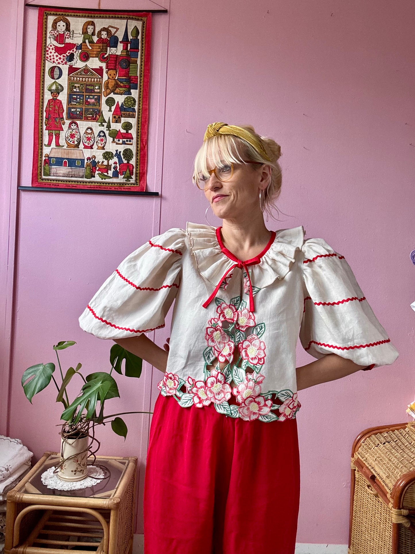 Beige blouse with red flowers and ric rac