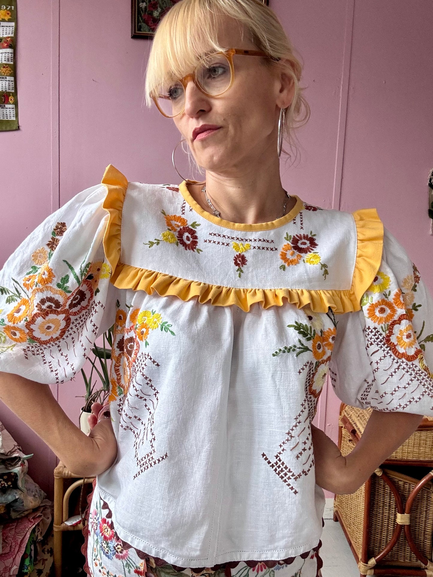 Blouse with hand embroidery and yellow frill