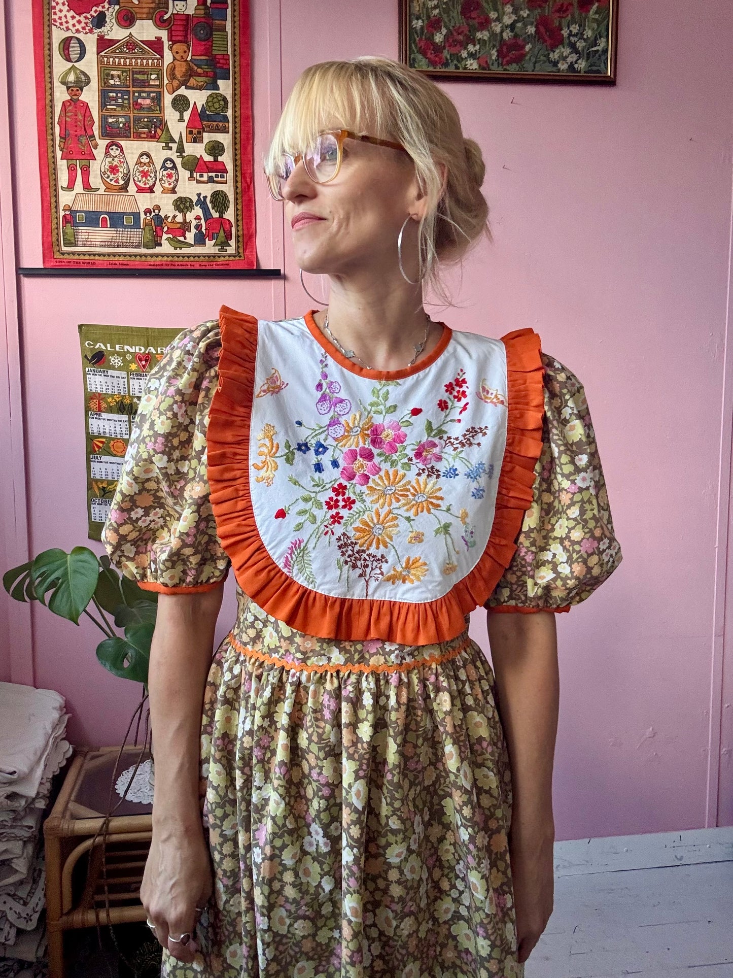 Floral maxi dress with orange frill