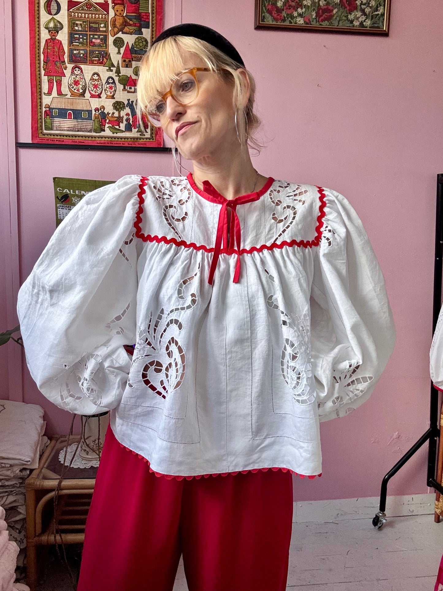 White embroidery blouse with red ric rac