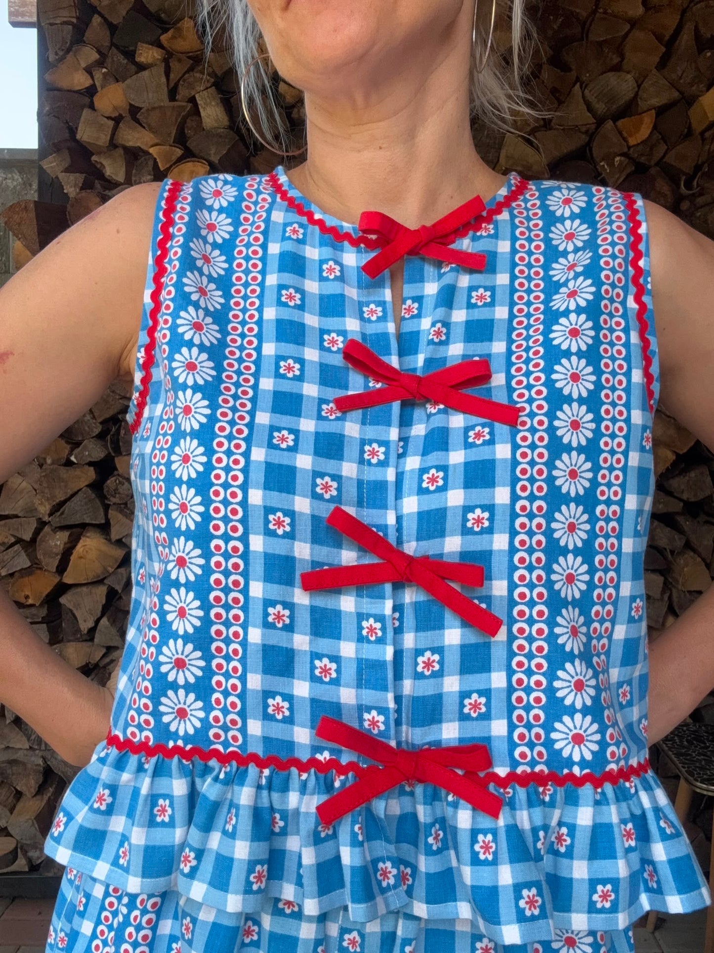 Blue and white shorts set with red ric rac