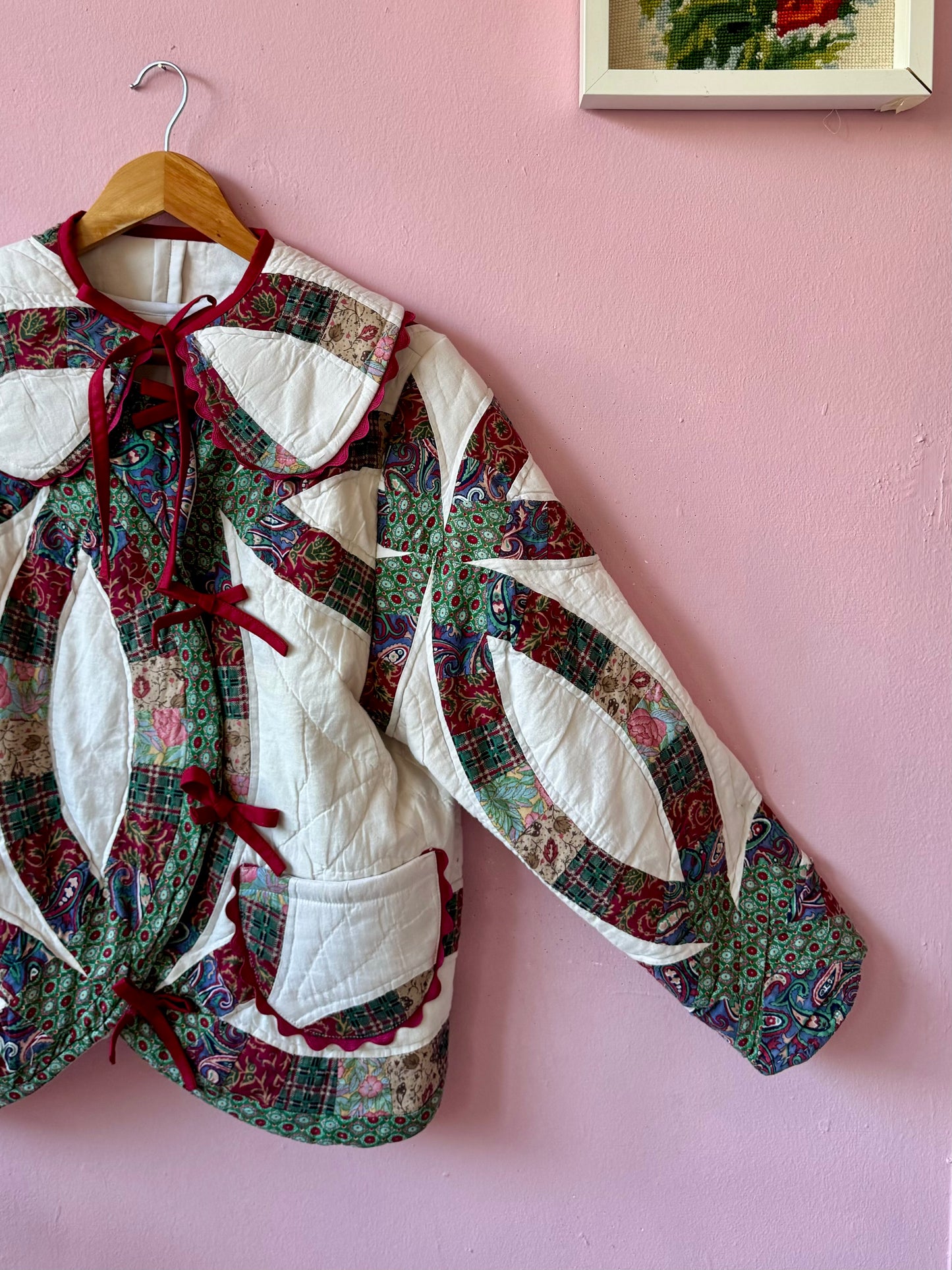 Patchwork jacket with burgundy ric rac and bows