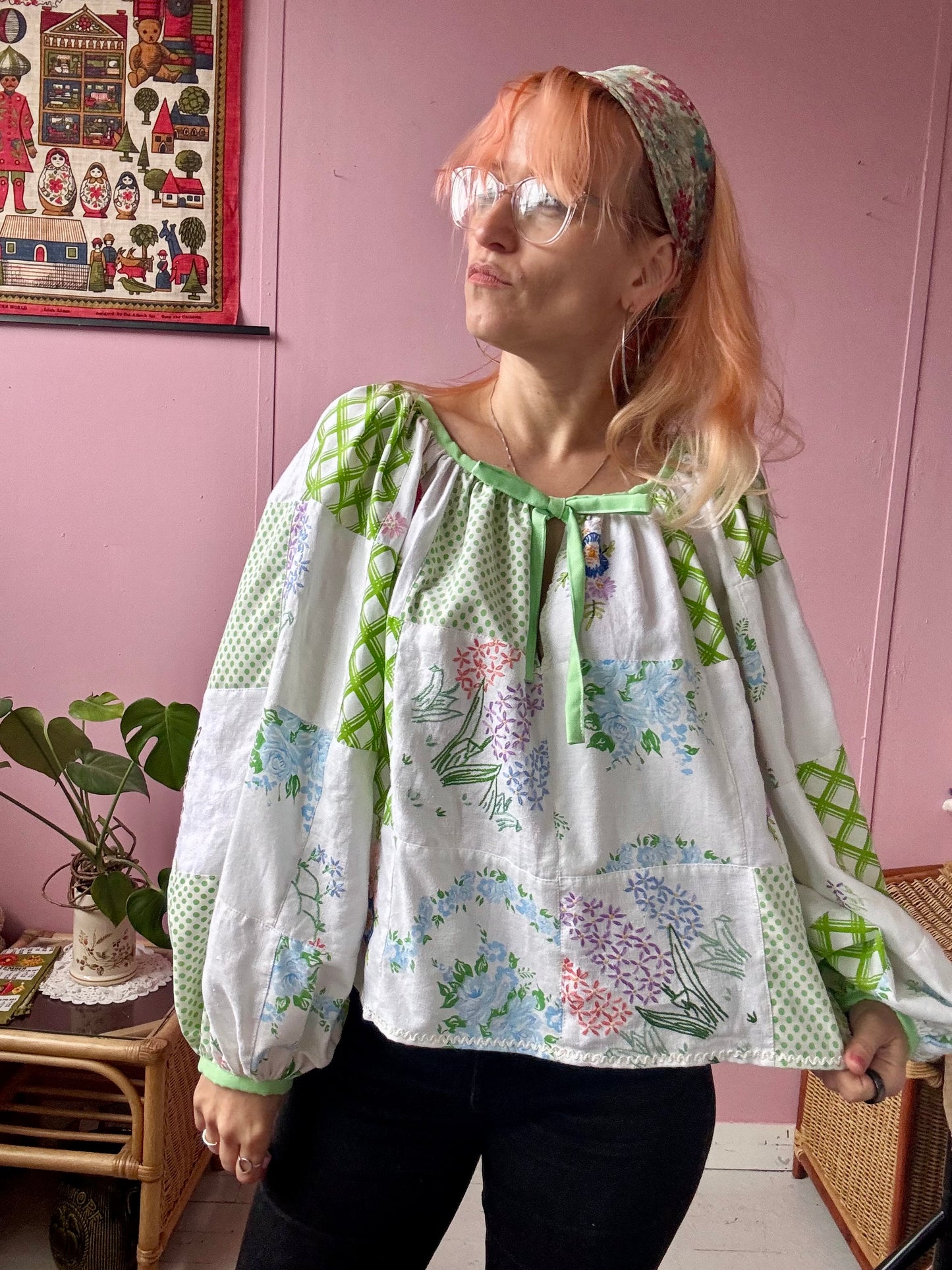 Green patchwork blouse with long sleeves