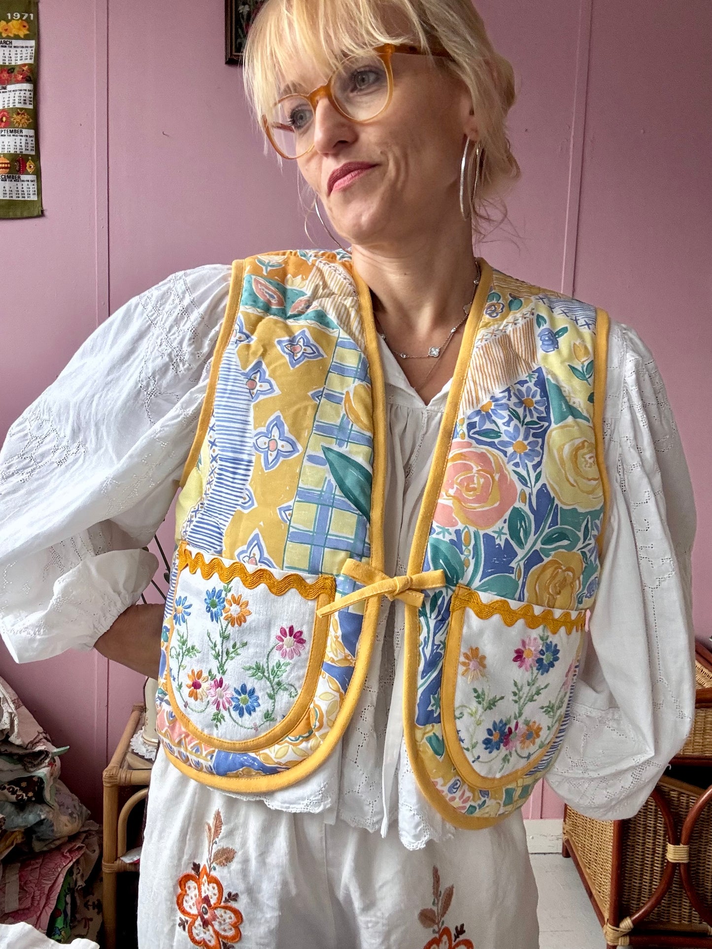 Floral vest with yellow binding