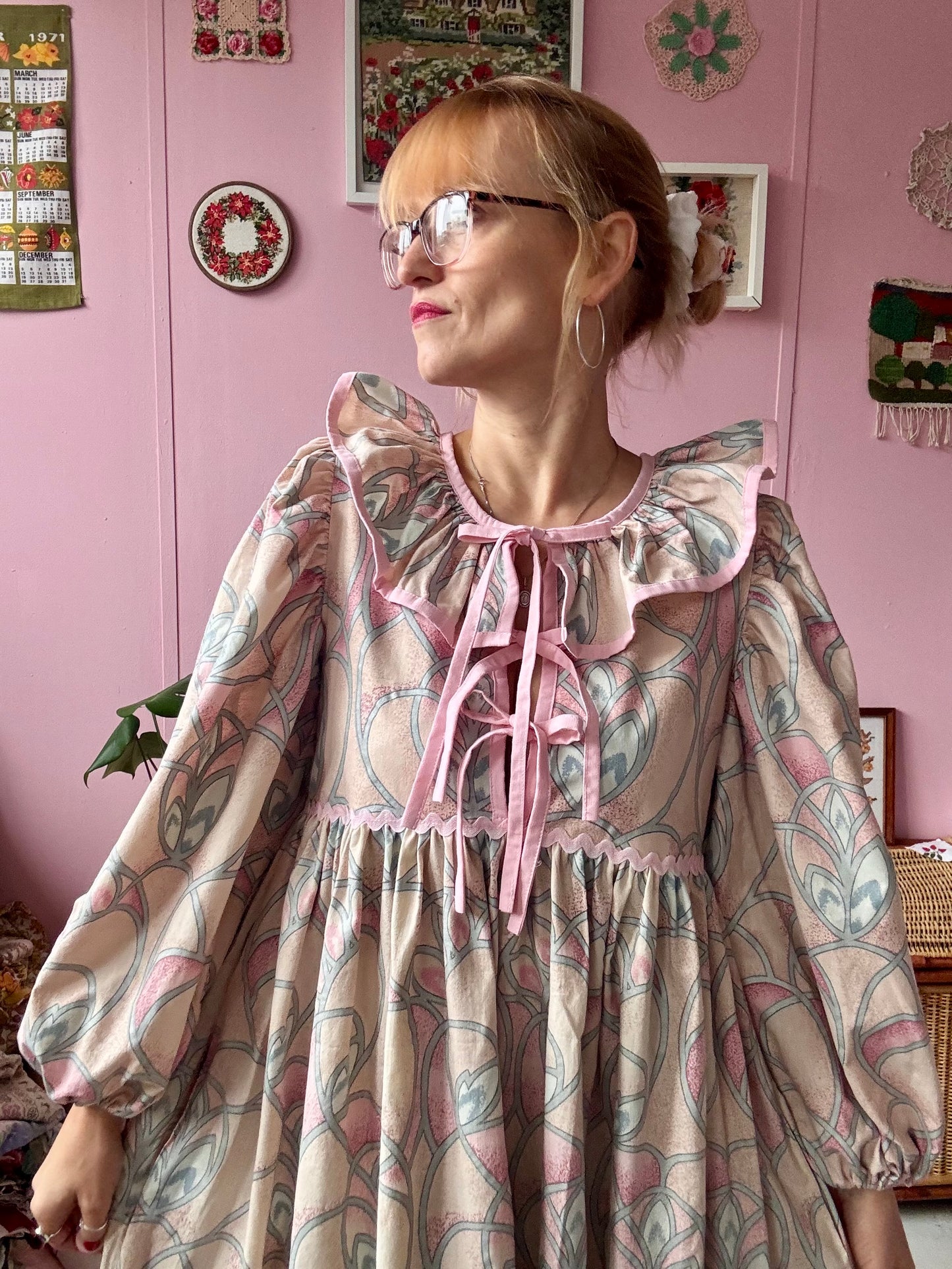 Peach/pink and silver maxi dress with long sleeves