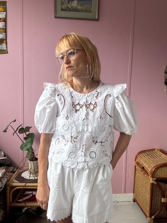 White floral cut out lace blouse