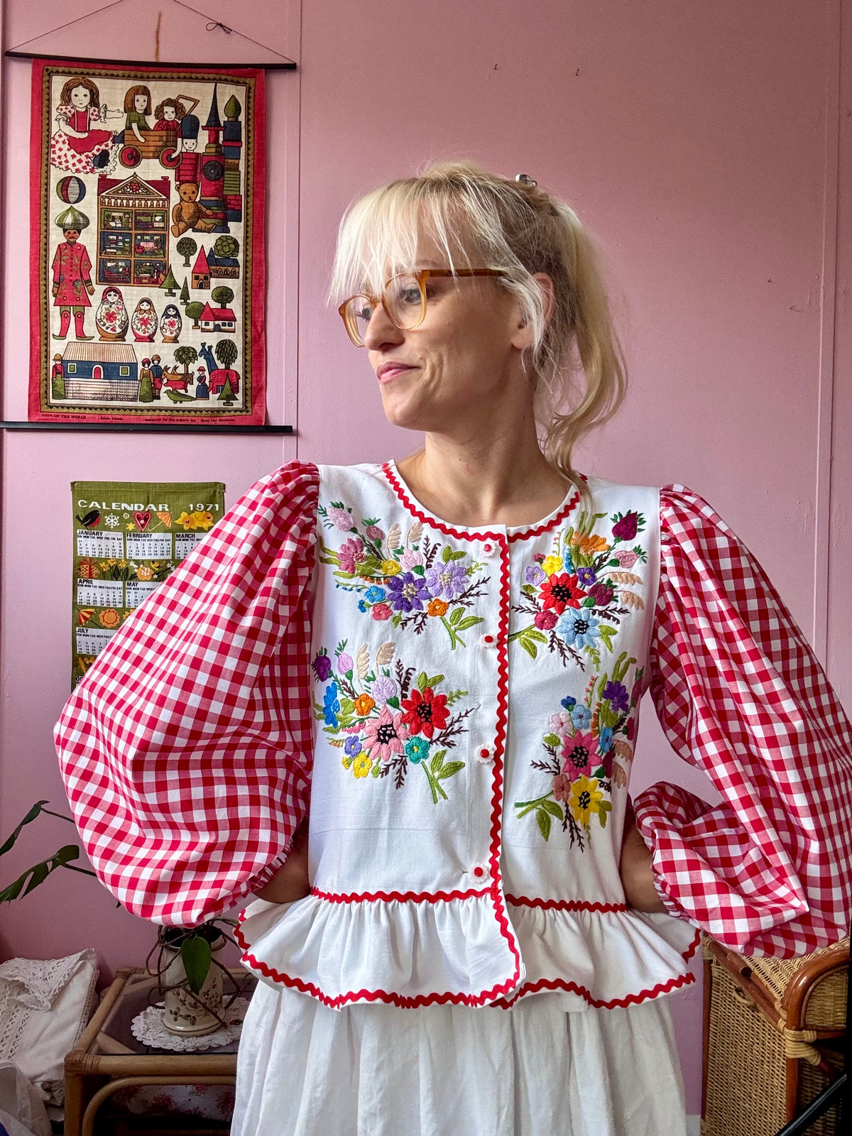Floral and red gingham blouse