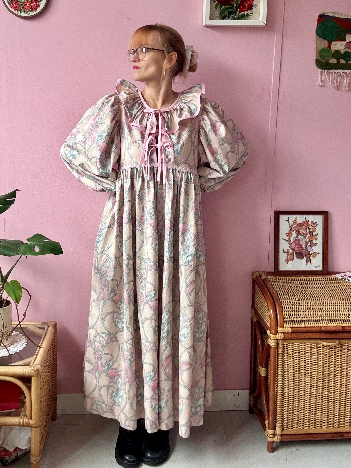 Peach/pink and silver maxi dress with long sleeves