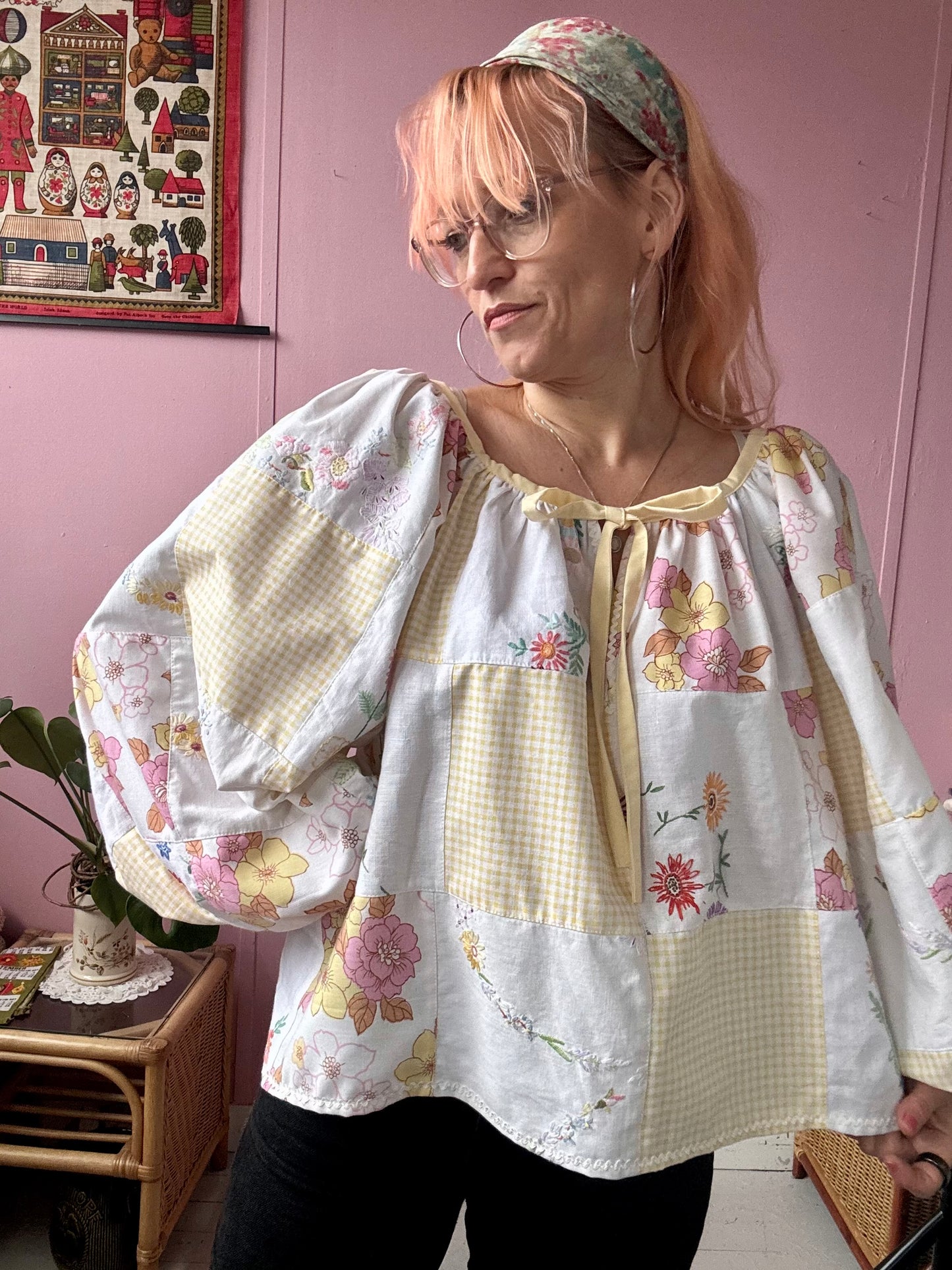 Yellow patchwork blouse with long sleeves