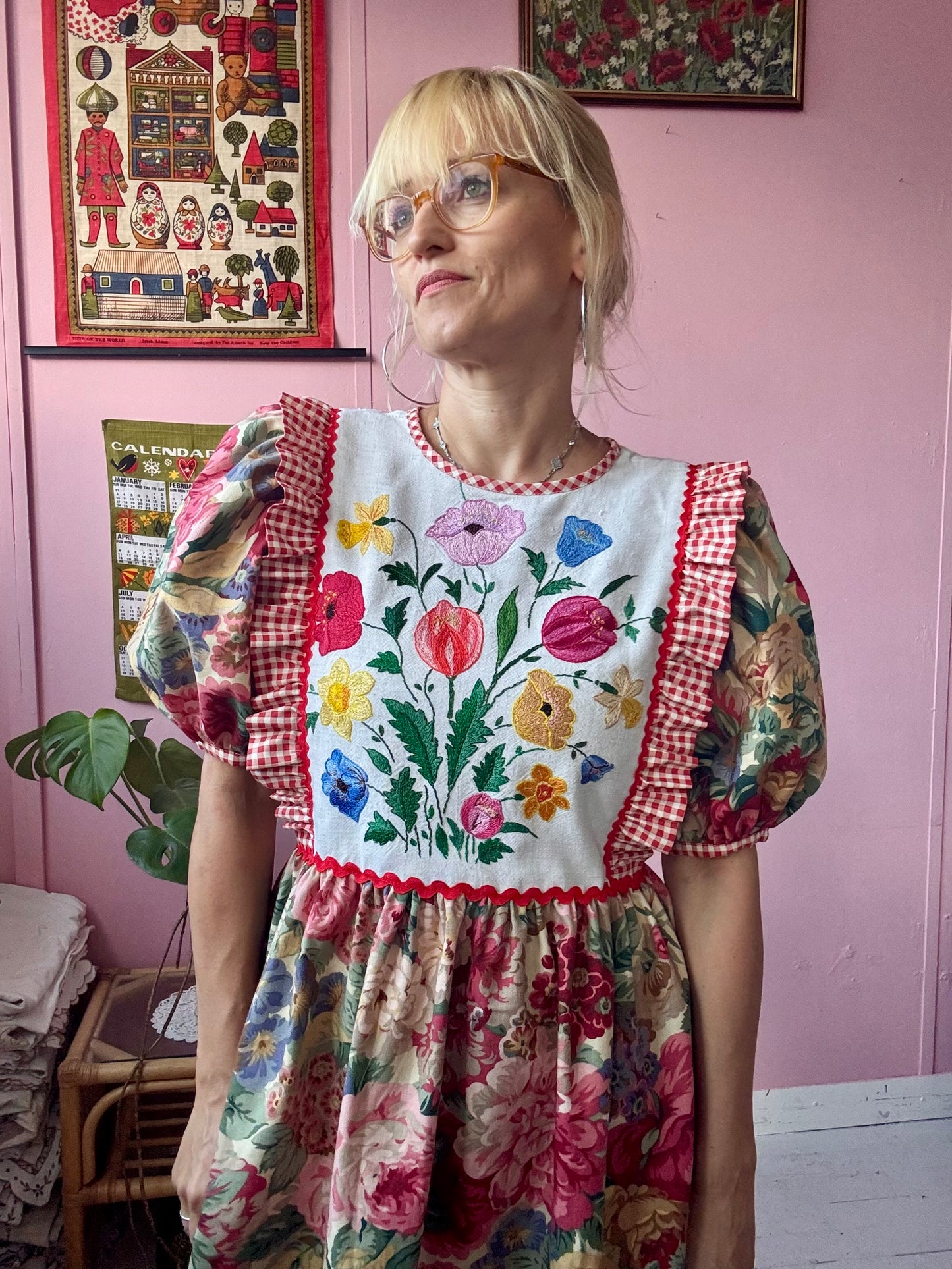 Sanderson print and gingham maxi dress