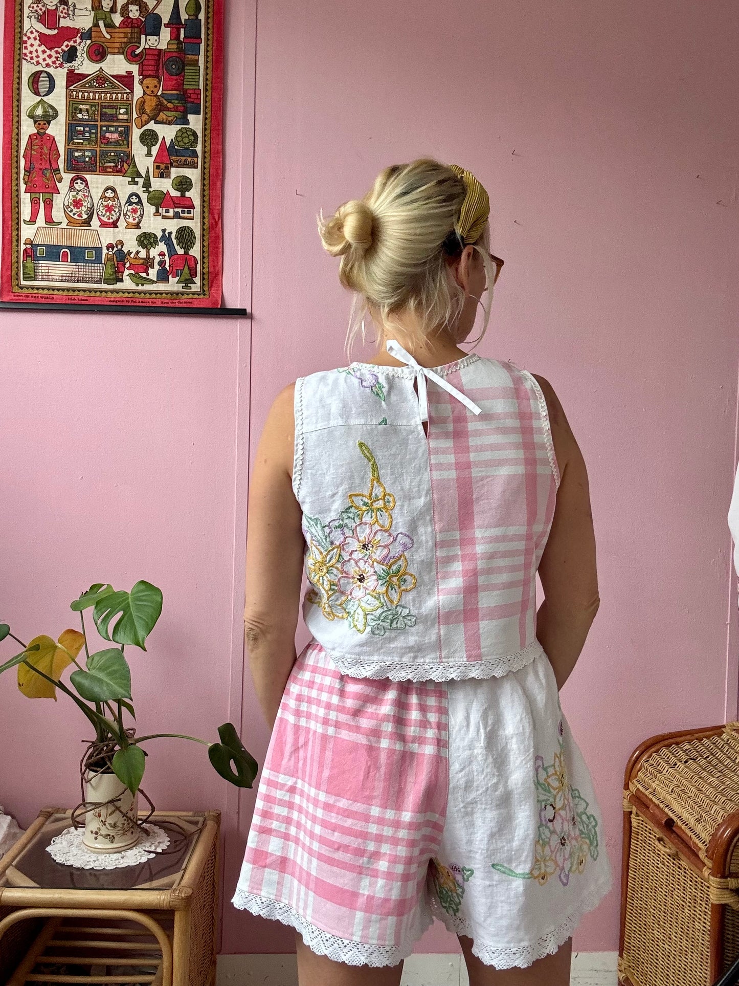 Pink check and floral shorts set