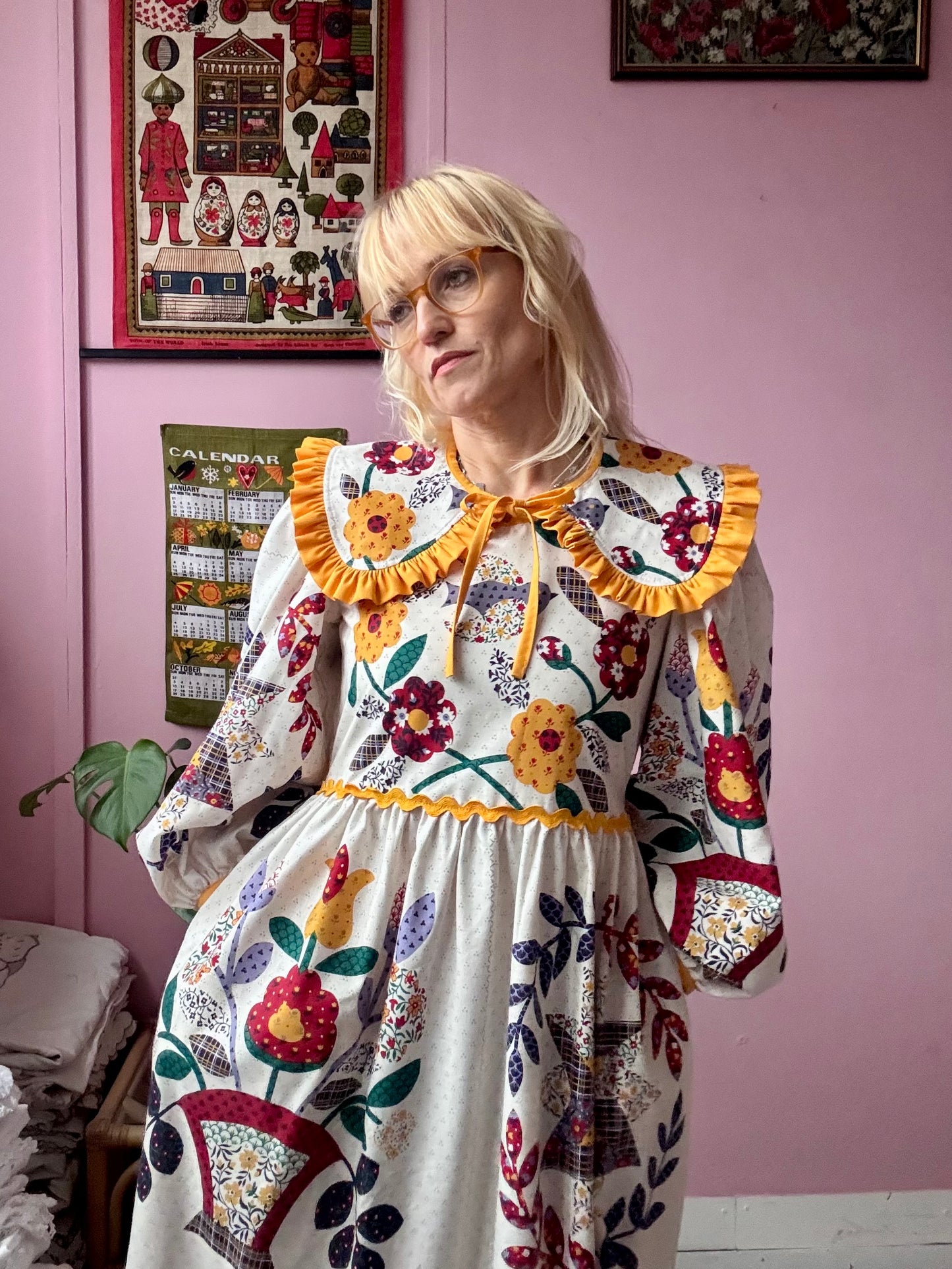 Floral dress with yellow ric rac and detachable collar