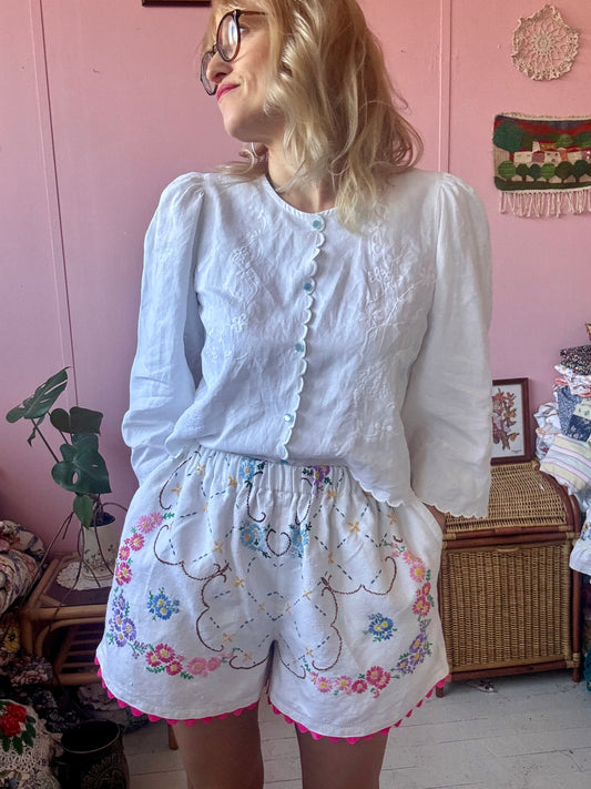 Floral shorts with pink ric rac