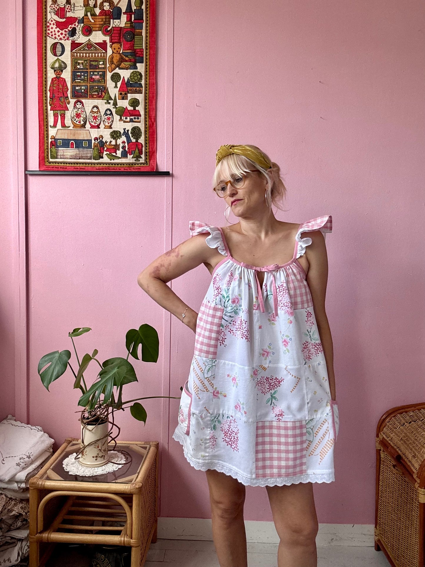 Pink patchwork mini dress