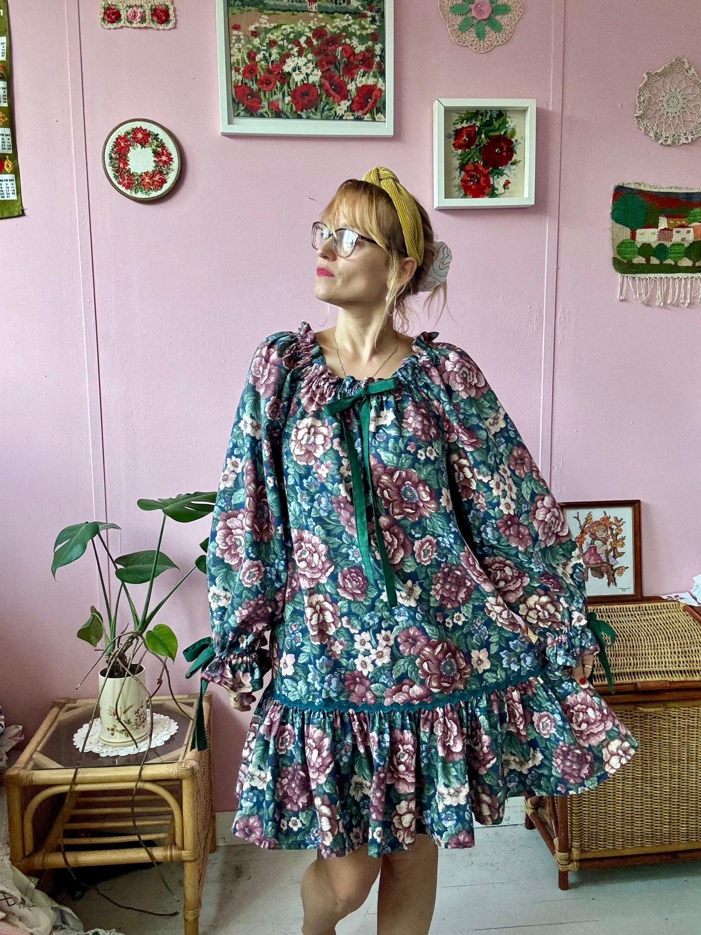 Navy floral dress with long sleeves