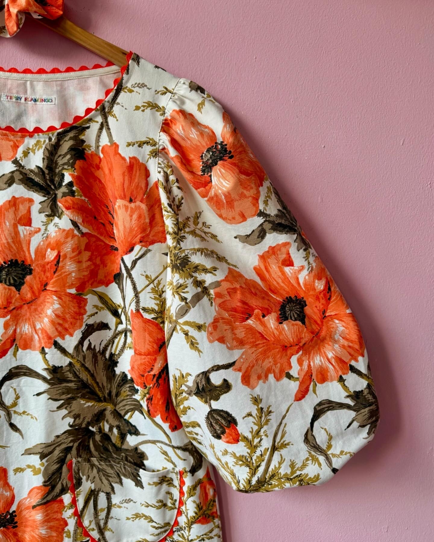 Orange poppies mini dress with long sleeves