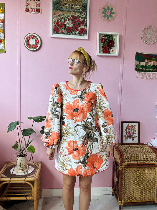 Orange poppies mini dress with long sleeves