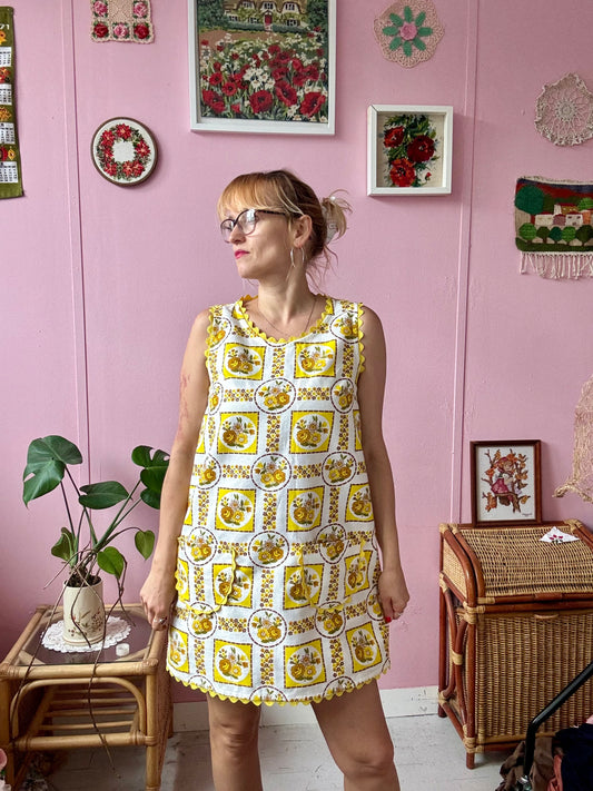 Yellow and brown mini dress with ric rac