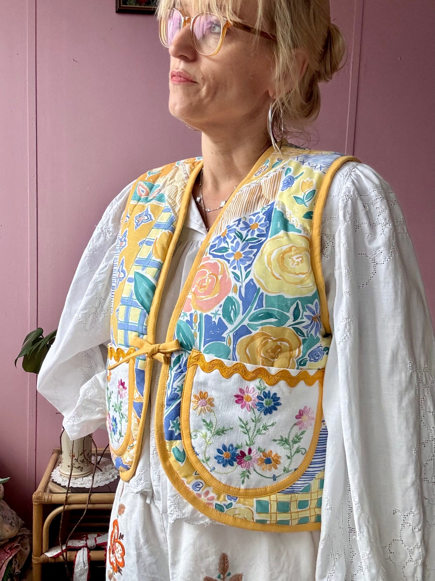 Floral vest with yellow binding
