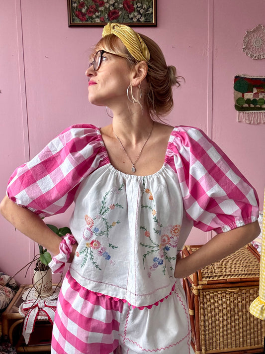 Large pink gingham and floral top