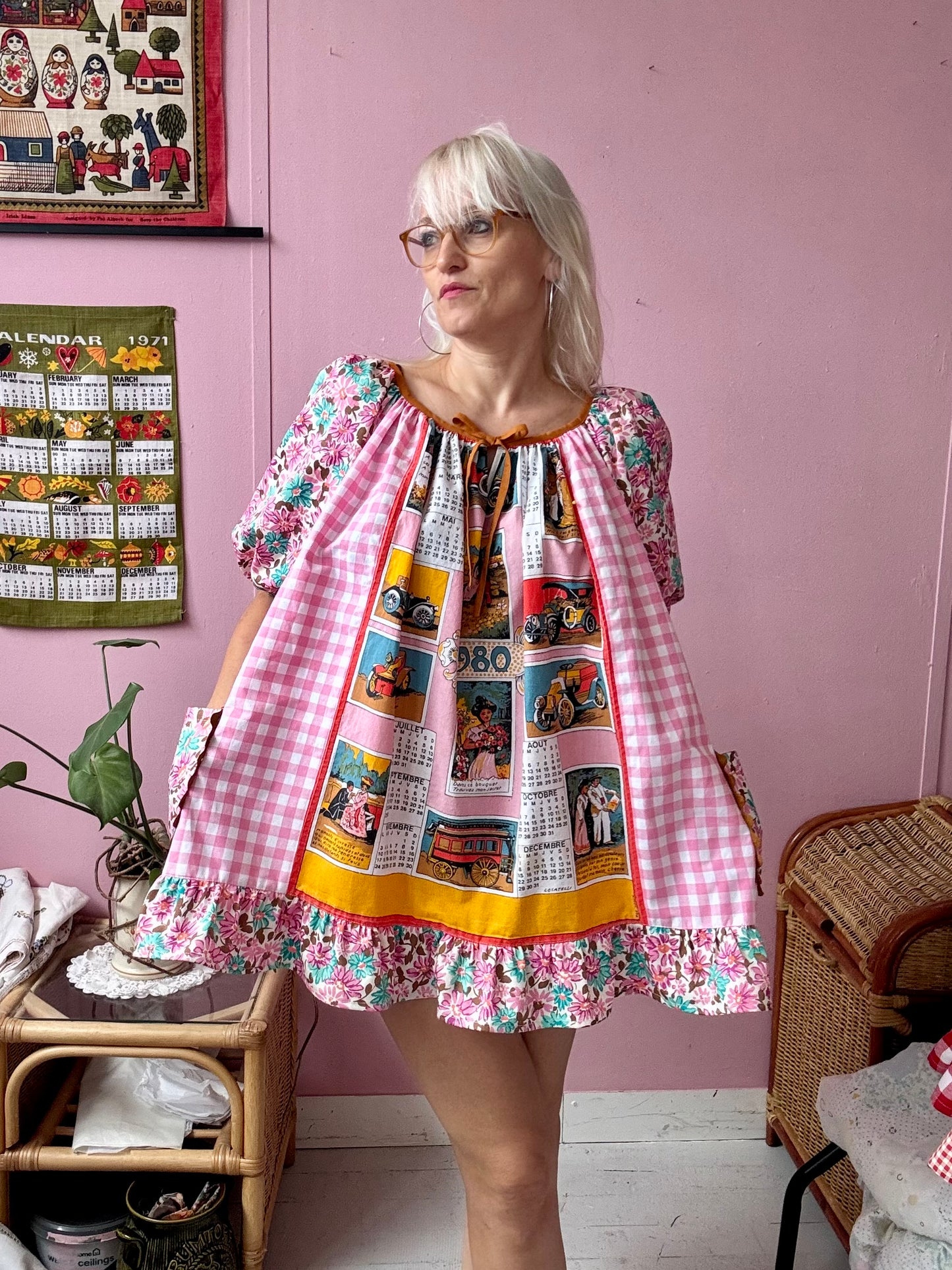 1980 French vintage teatowel mini dress