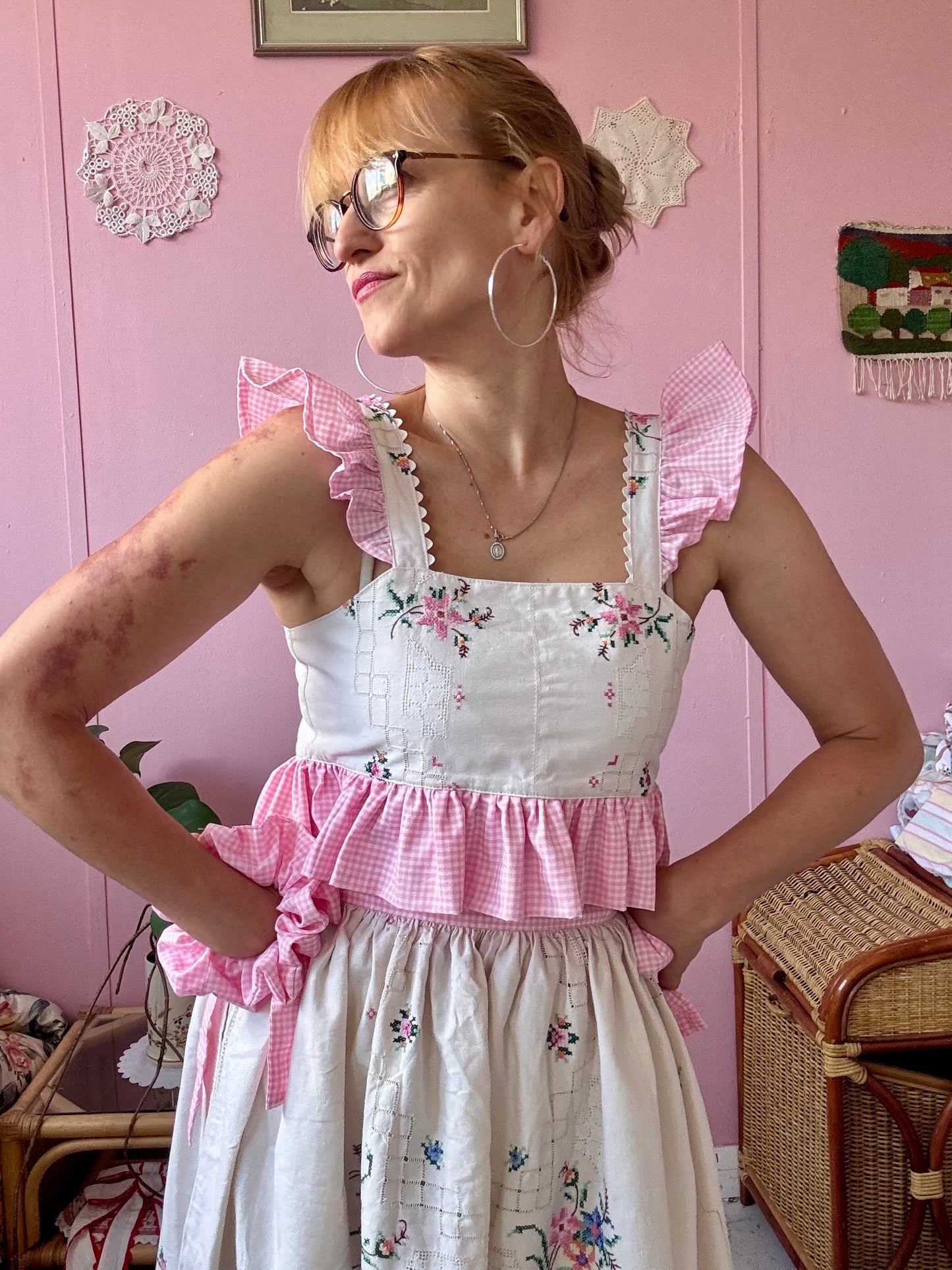 Embroidery and pink gingham set