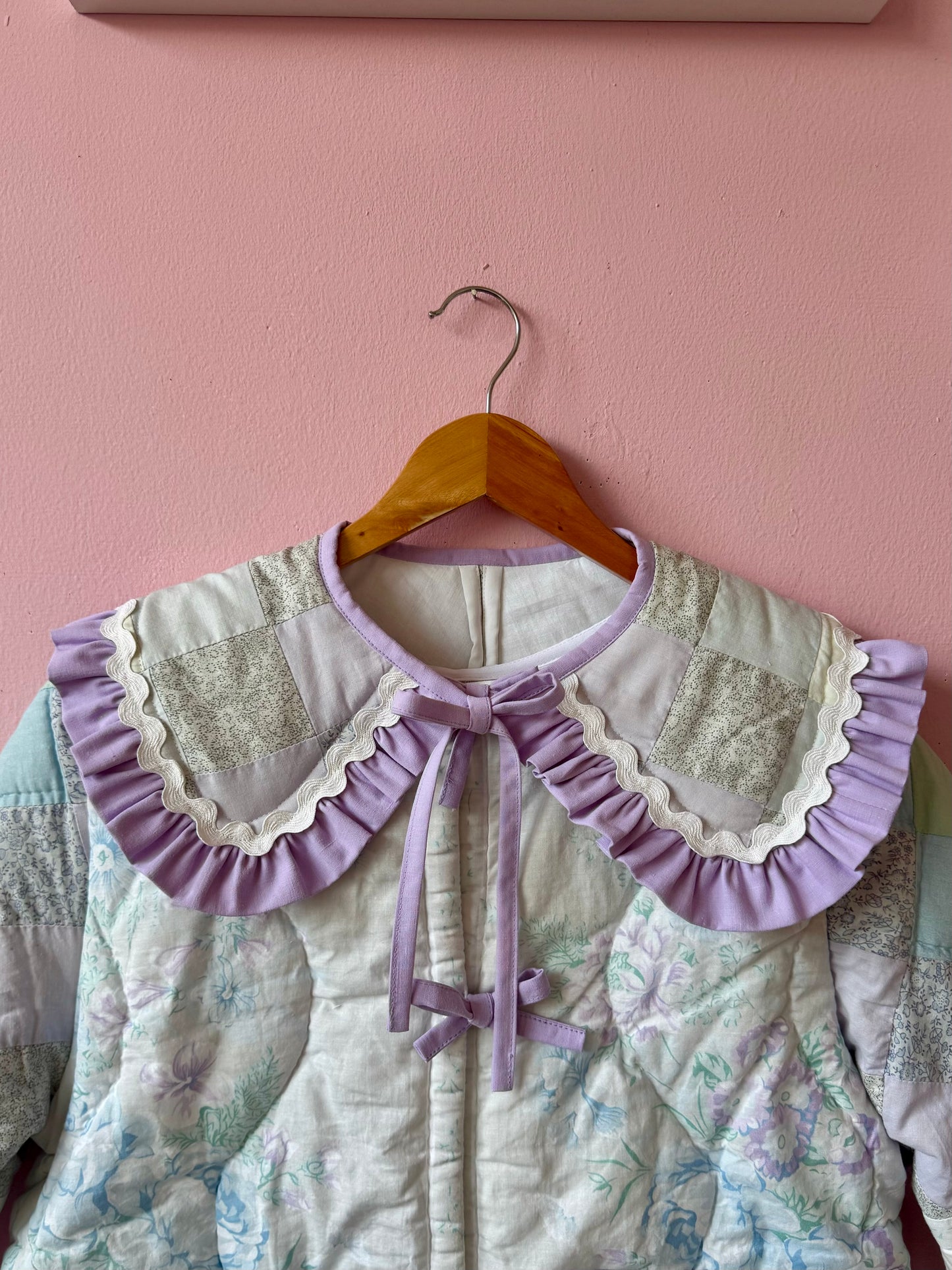Light pastel patchwork jacket with lilac trims