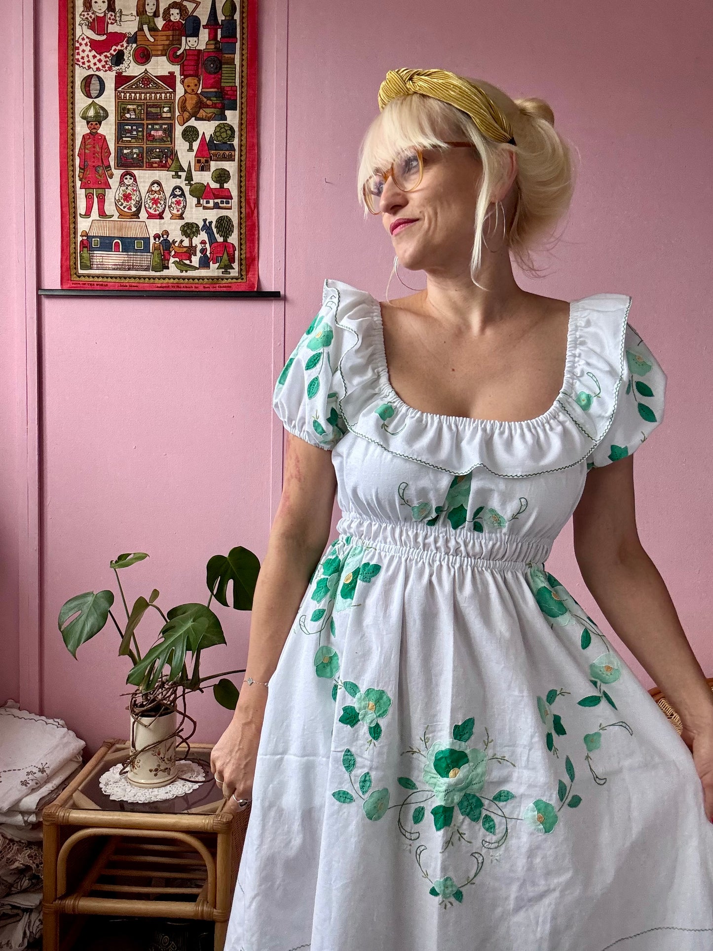 White/green floral appliqués dress