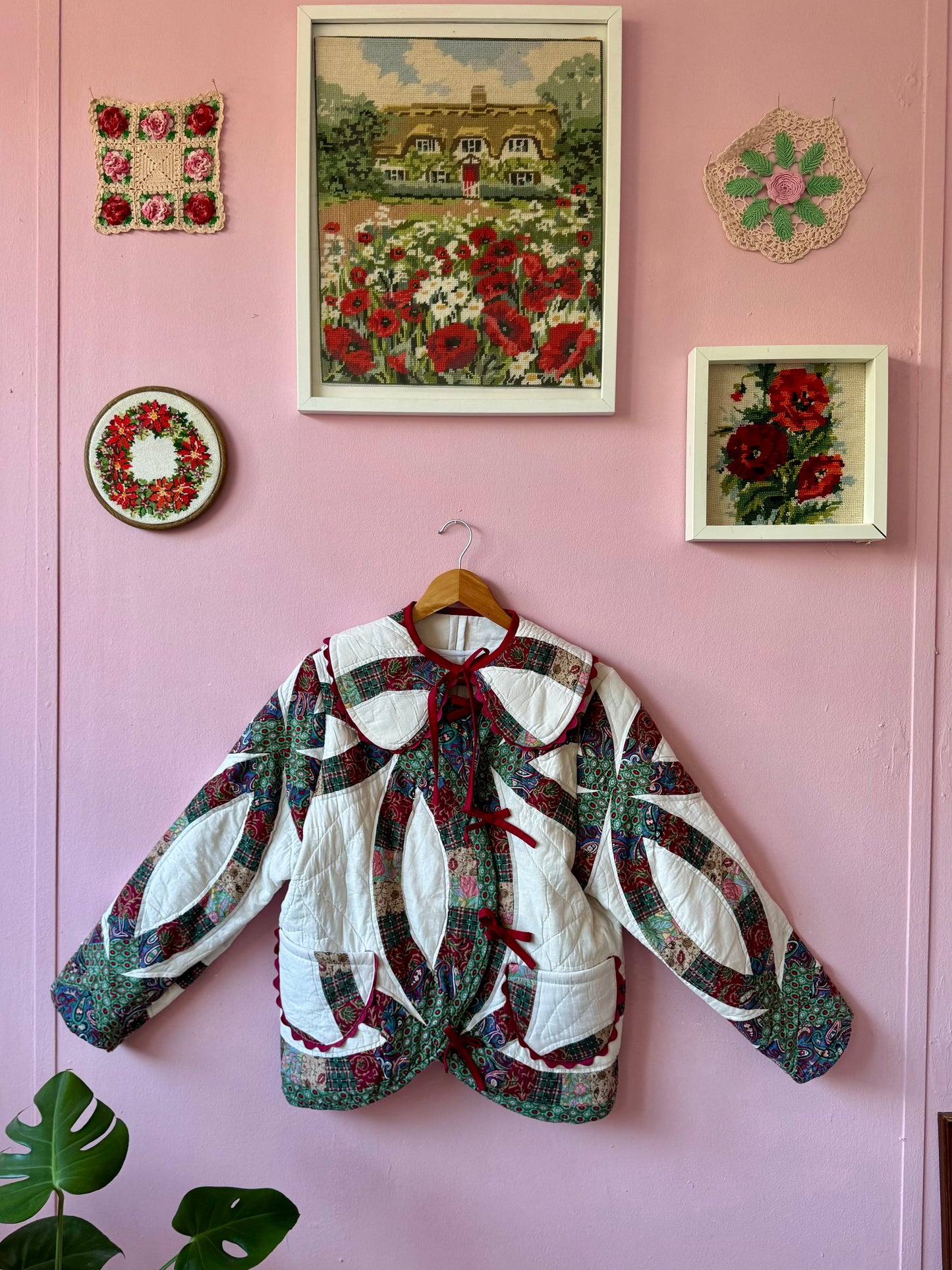 Patchwork jacket with burgundy ric rac and bows