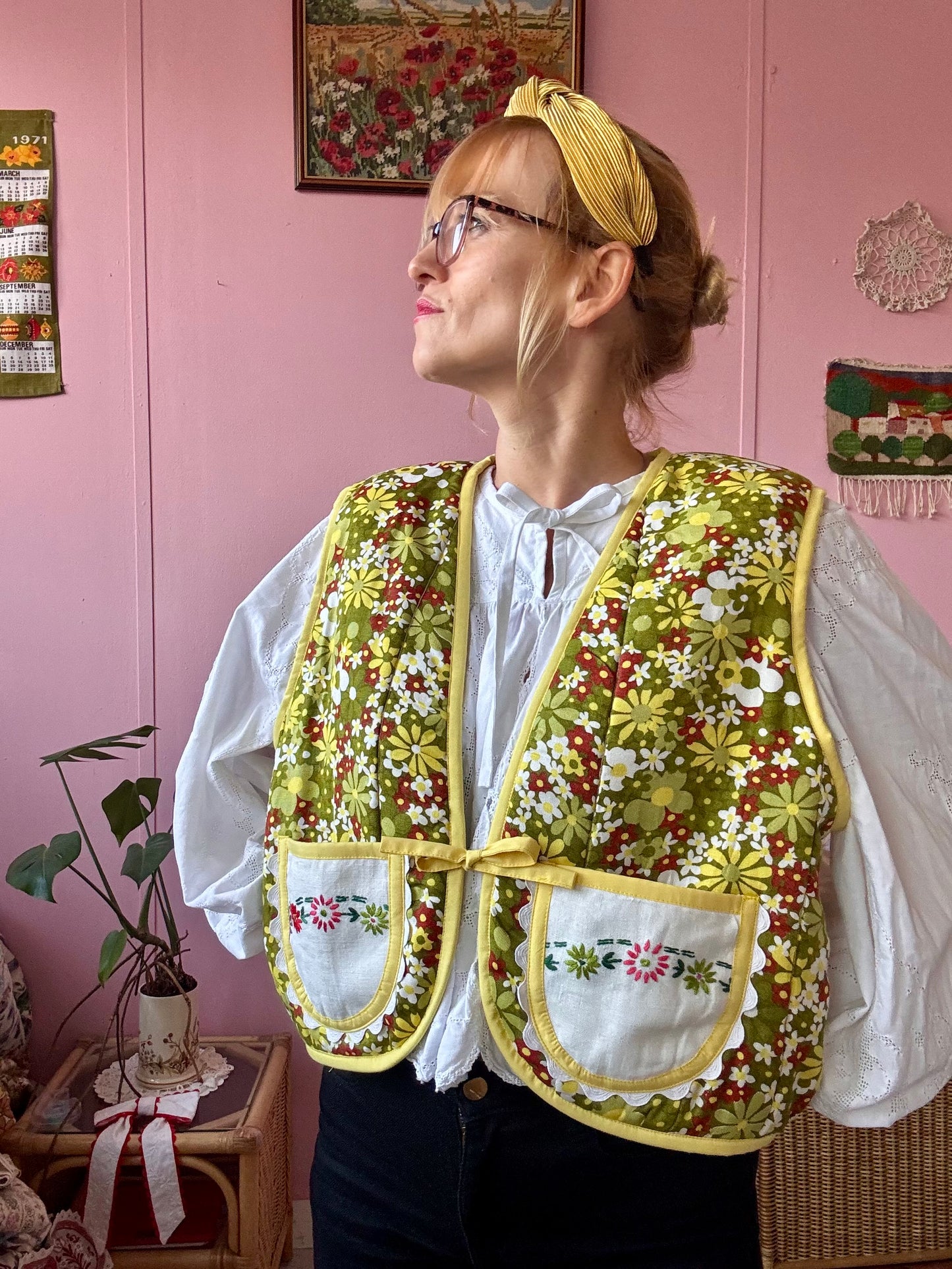 Green floral vest with pockets