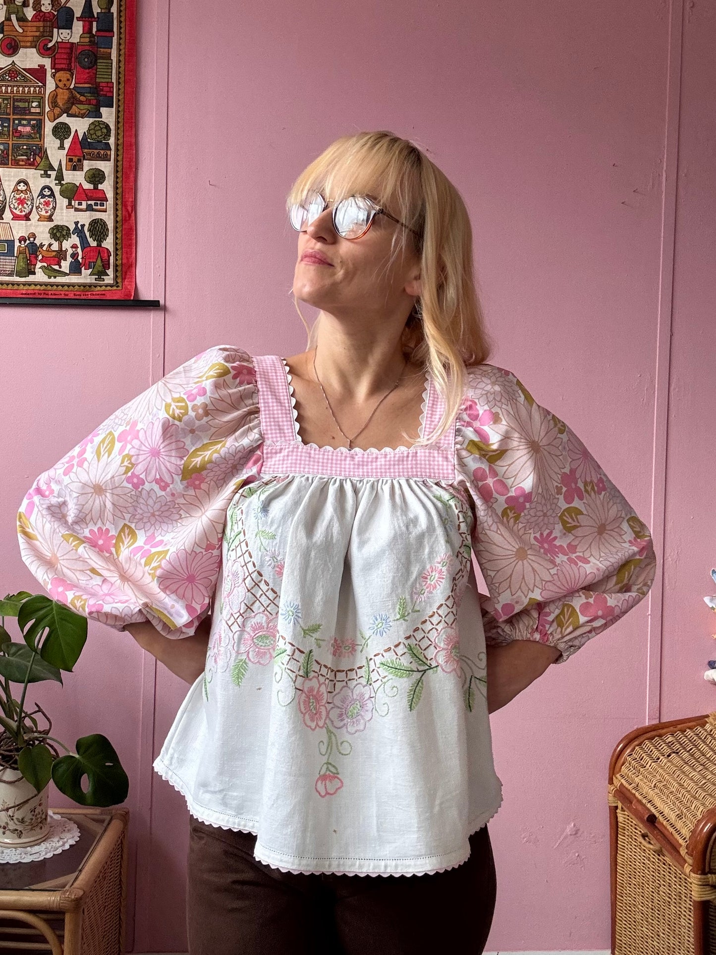 Pink floral and gingham blouse