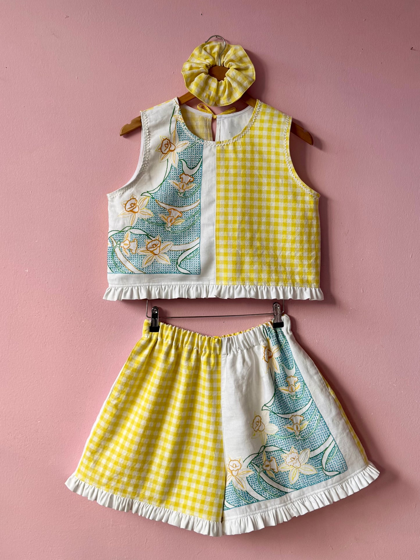 Yellow gingham and floral shorts set