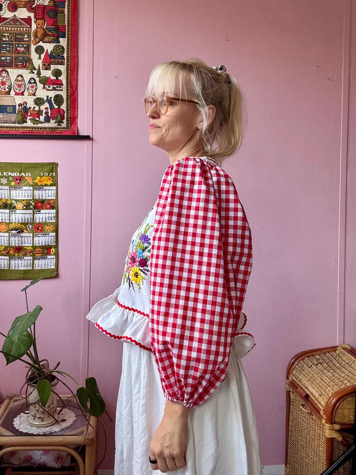 Floral and red gingham blouse