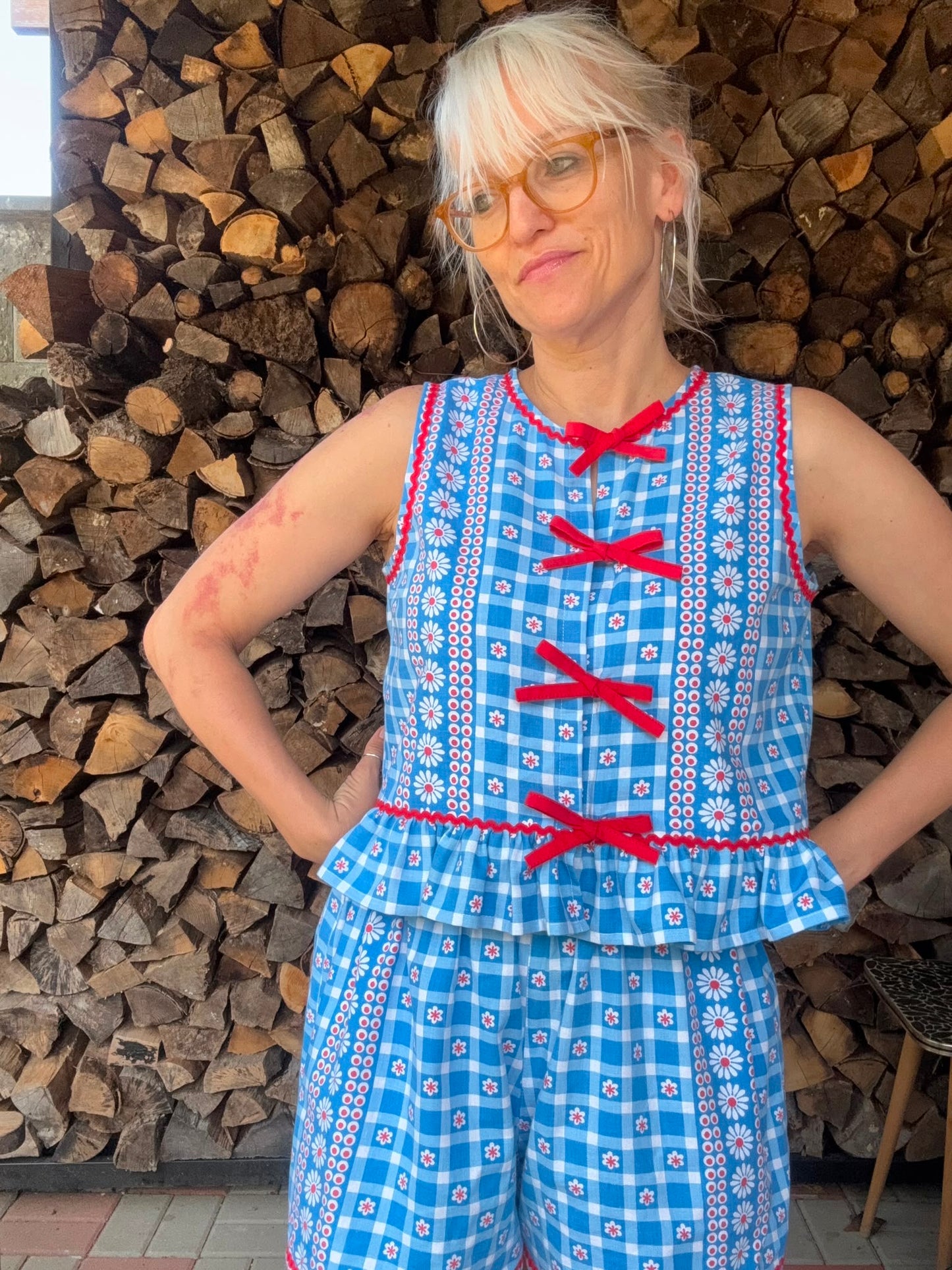 Blue and white shorts set with red ric rac