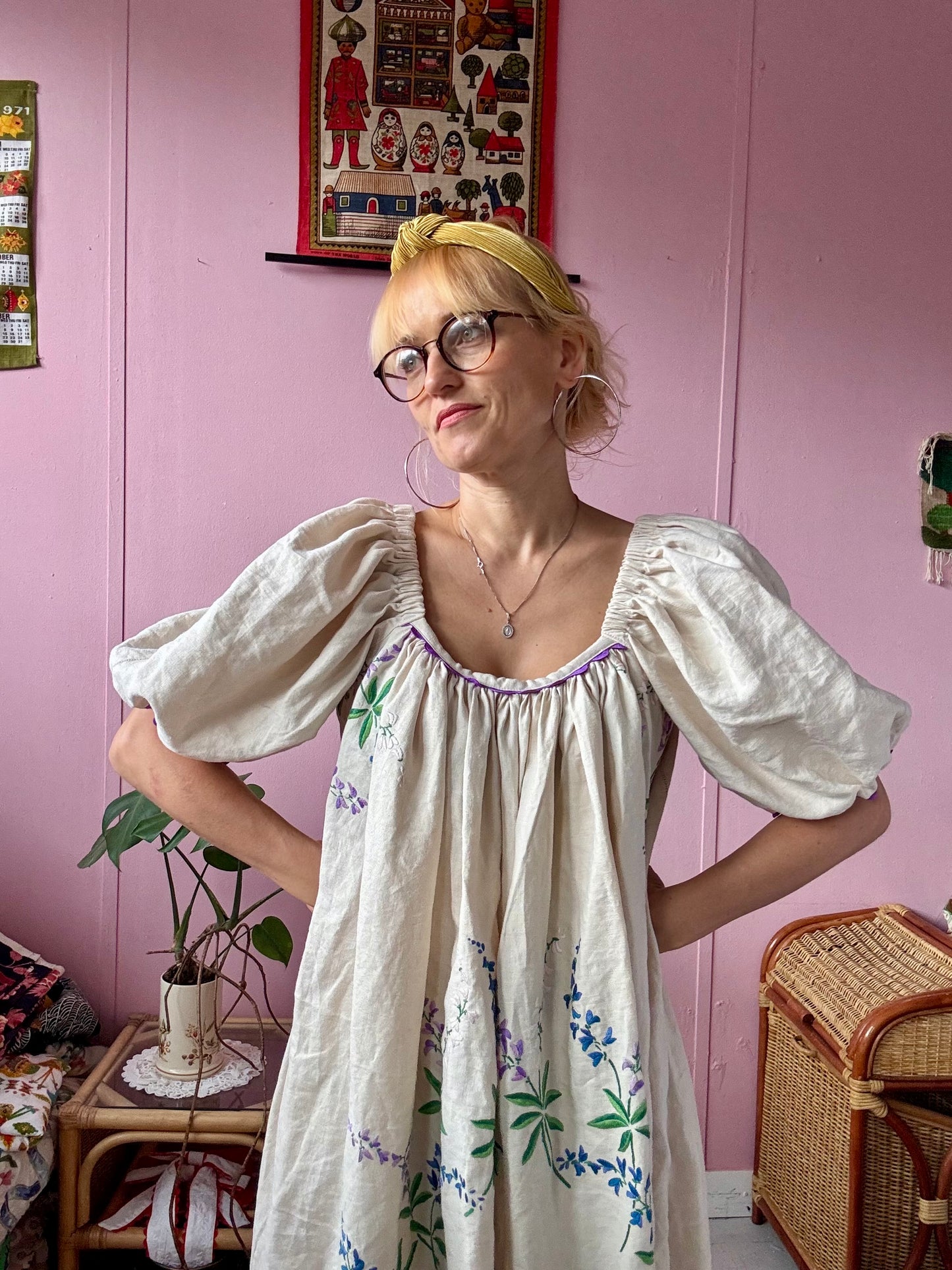 Cream linen maxi dress with purple flowers and ric rac