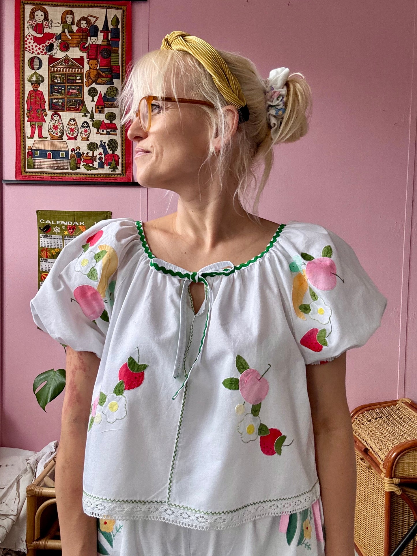 Fruity blouse with green ric rac