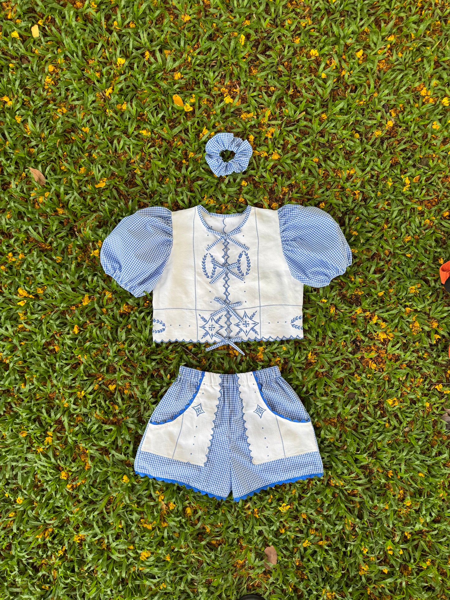 Embroidery and blue gingham shorts set