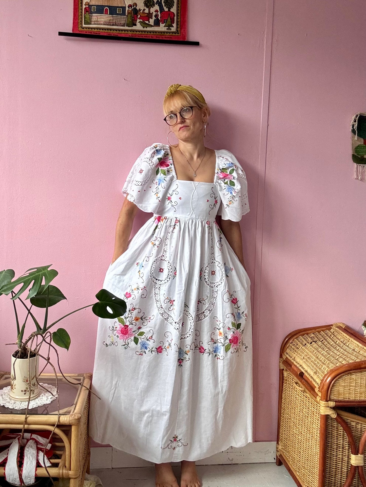 White maxi dress with appliqué,embroidery and lace panels