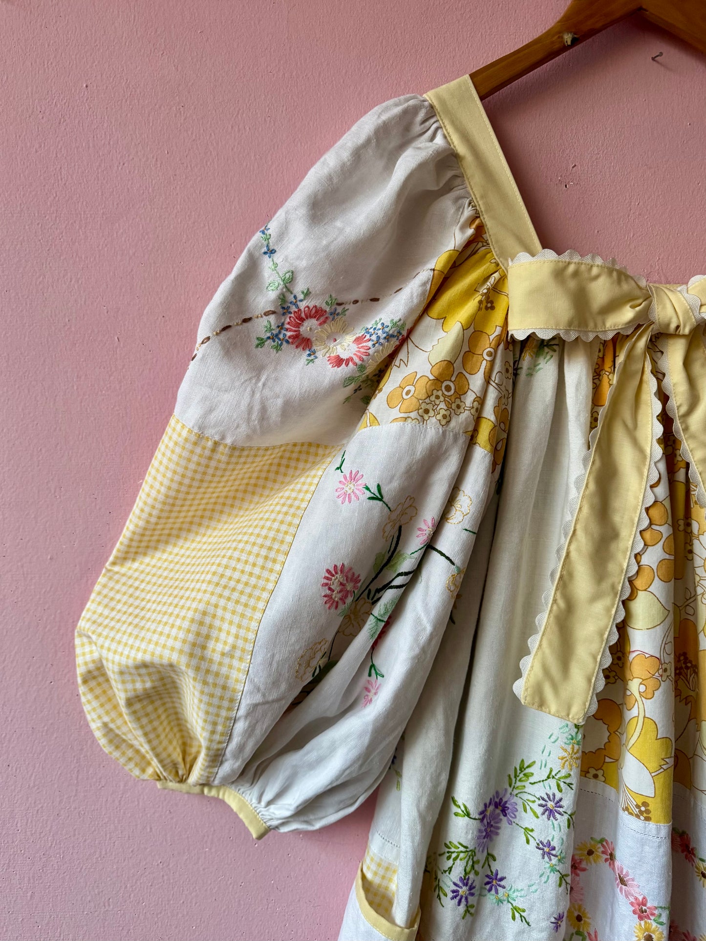 Yellow patchwork maxi dress with bow