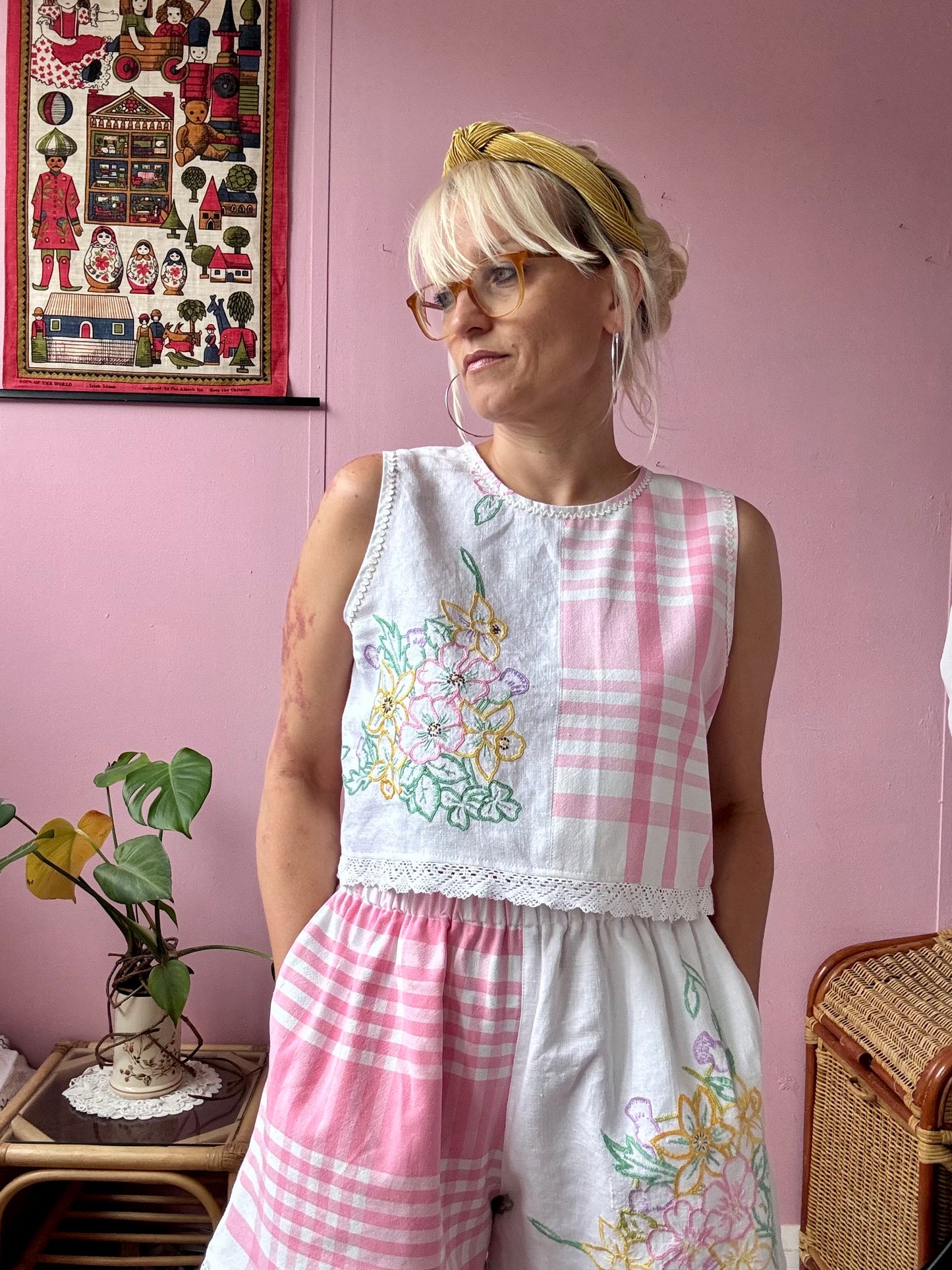 Pink check and floral shorts set