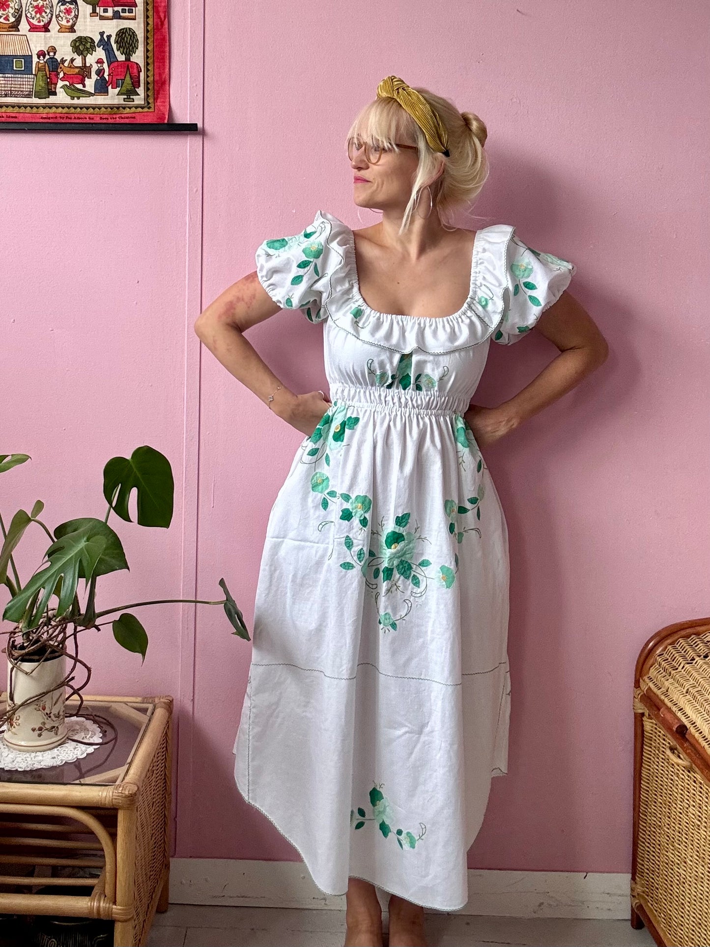 White/green floral appliqués dress