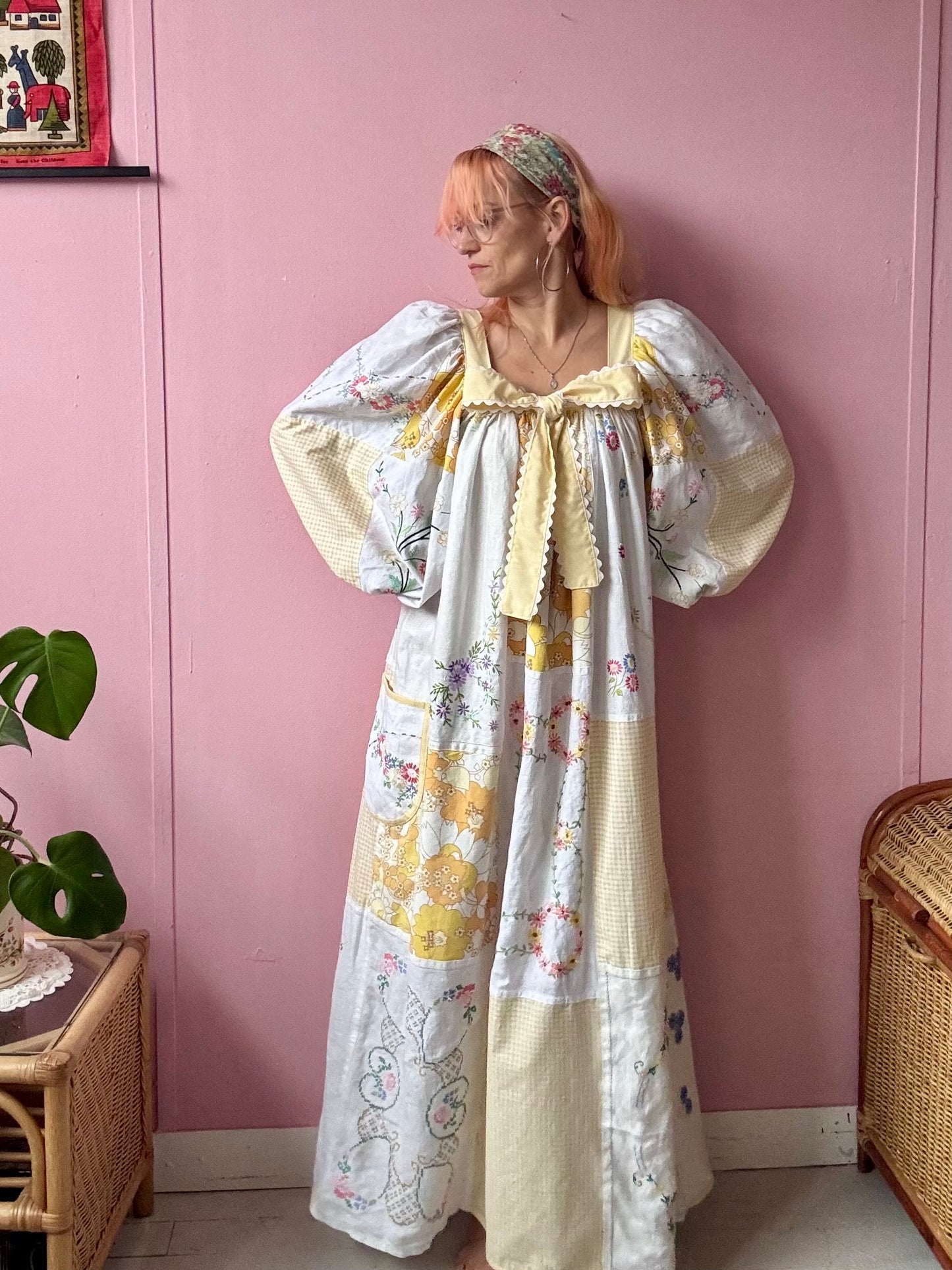 Yellow patchwork maxi dress with bow