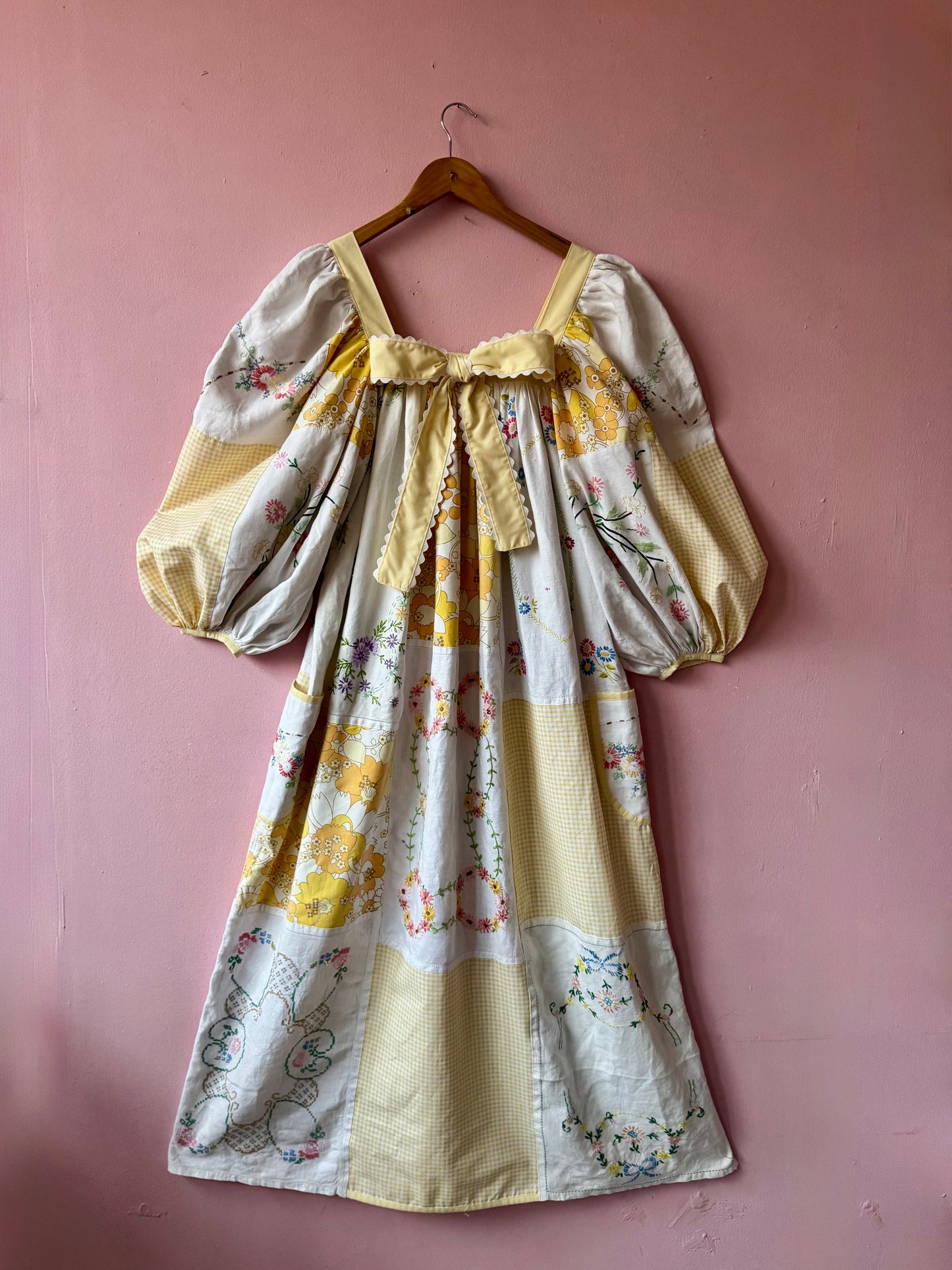 Yellow patchwork maxi dress with bow