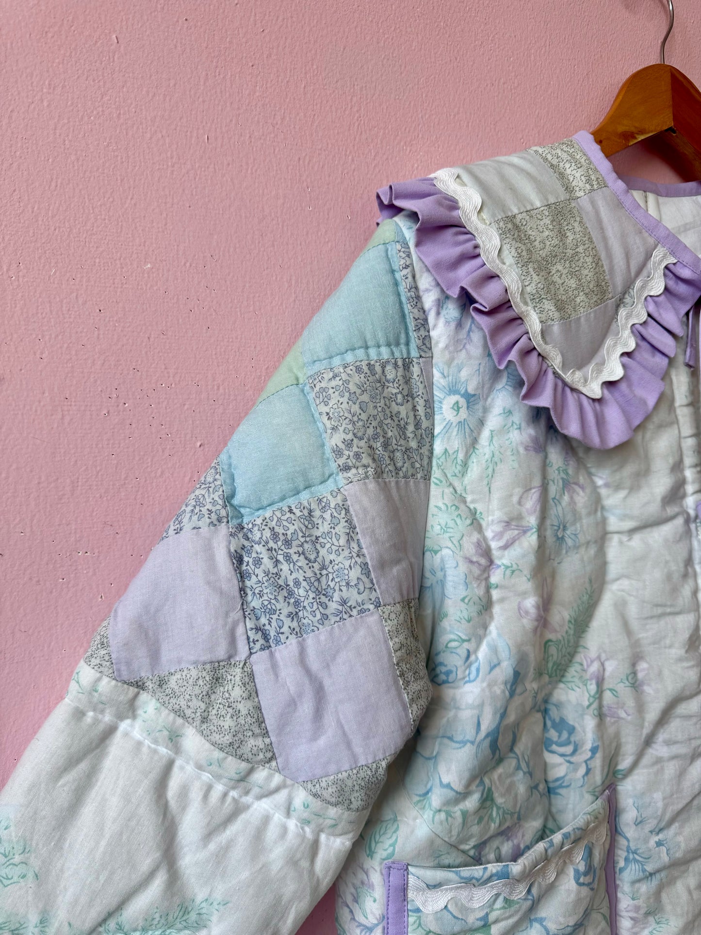 Light pastel patchwork jacket with lilac trims