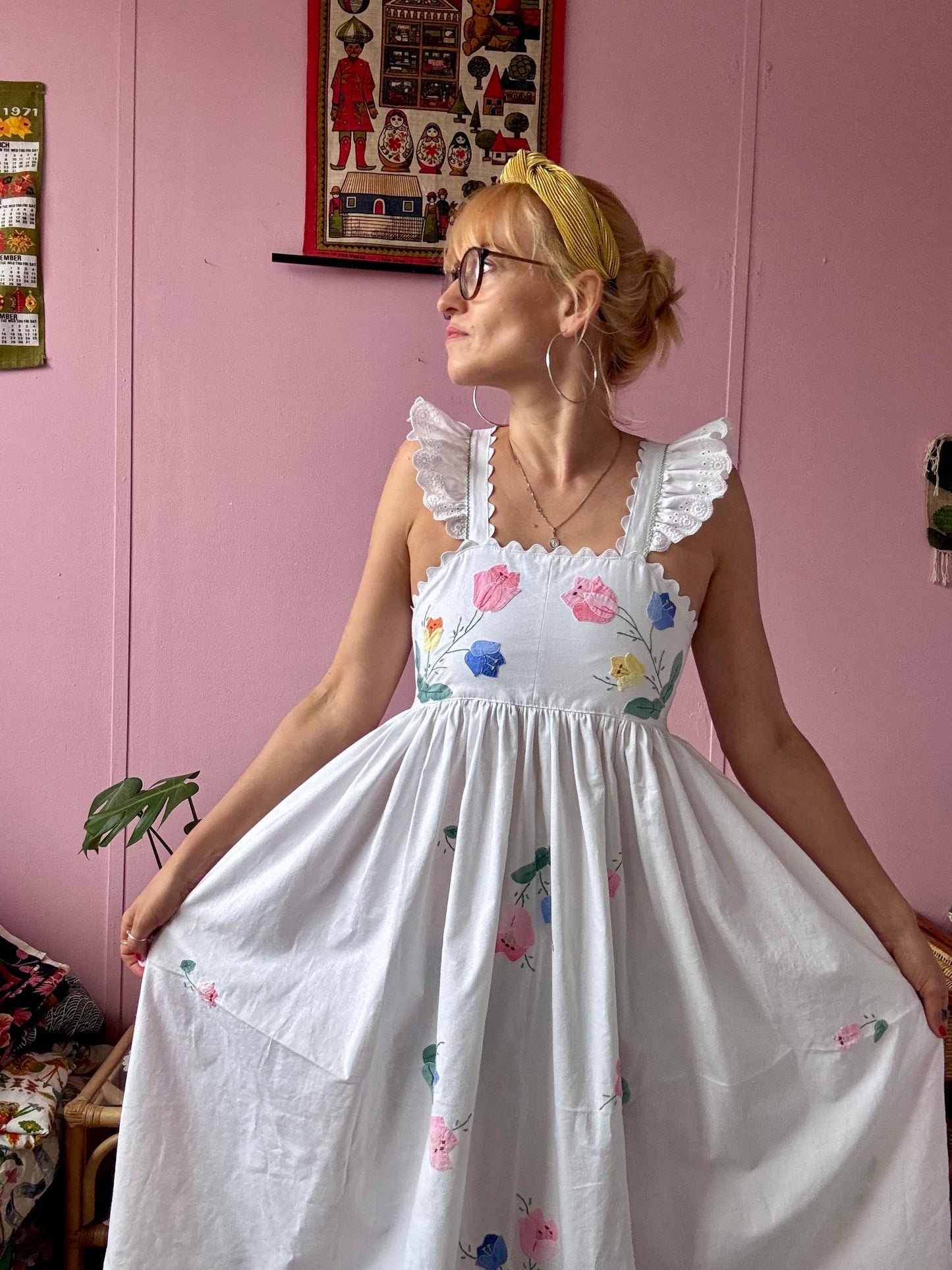 Floral maxi dress made from 2 vintage tablecloths