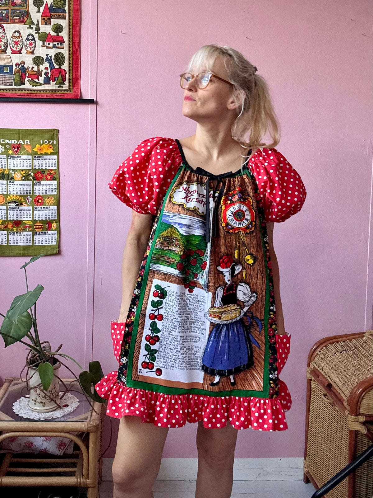 Vintage teatowel and polka dots short dress