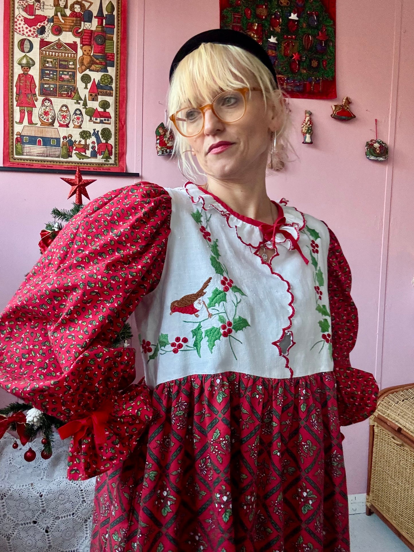 Red maxi dress with embroidery front part