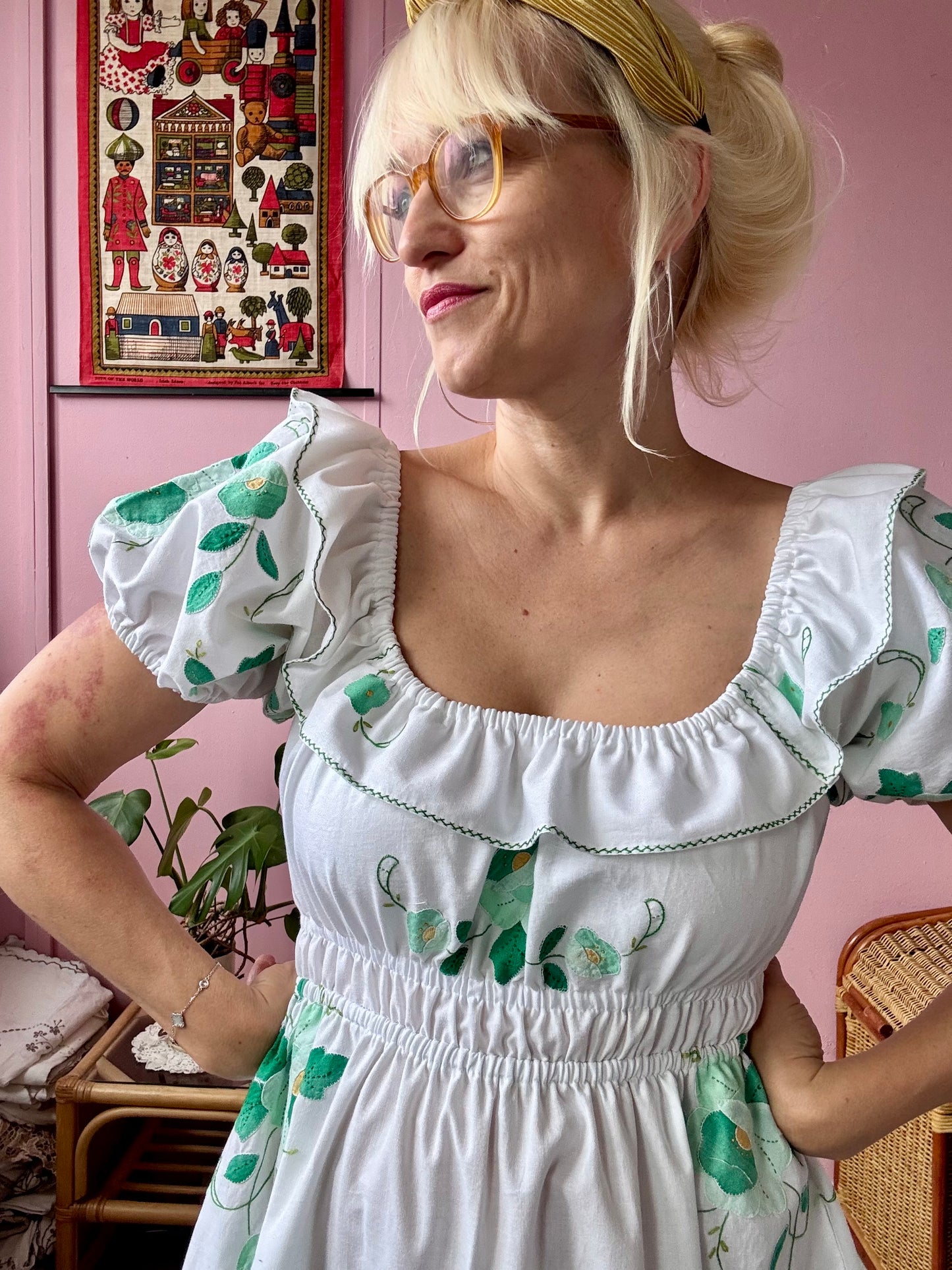 White/green floral appliqués dress